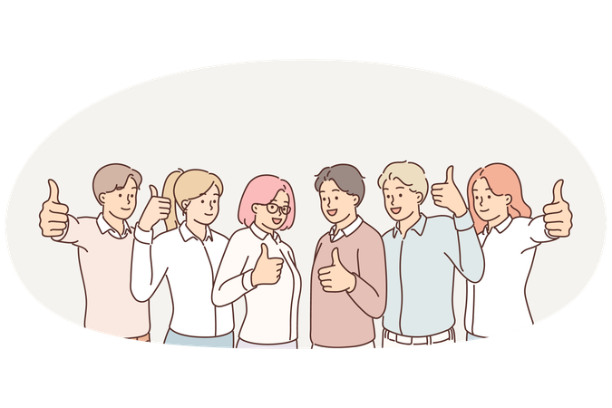 Team vielversprechender Leute, die Daumen hoch zeigen als Zeichen des Wunsches, zusammenzuarbeiten und Erfolg zu erzielen  Illustration
