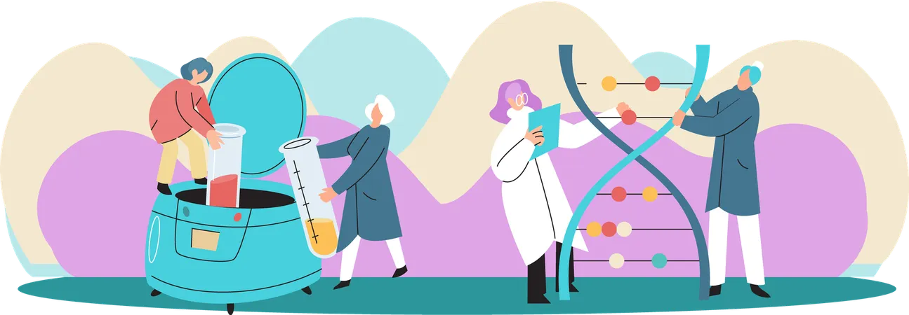 Team von Laboranten mit Reagenzglas-Szenen  Illustration
