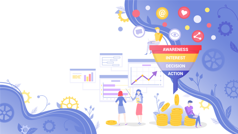 Marketingteams arbeiten mit Sales Funnels  Illustration