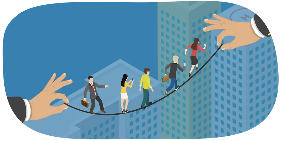 3 D Isometric Flat Vector Conceptual Illustration Of Team Walking Tightrope Challenges And Success Illustration