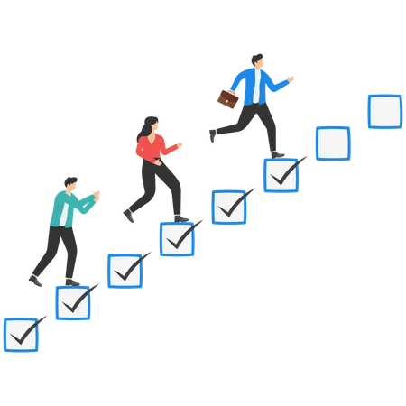 Team With Project Progress Task Management Cooperation To Complete Task According To Checklist Concept Colleagues Holding Hands And Walking Up Stair Of Completed Checkboxes Illustration
