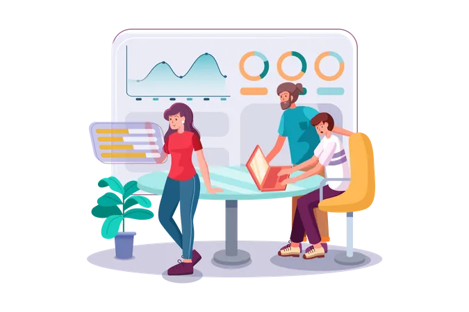 The Team Works On A Project With The Help Of Analytics Computers And Graphs In The Office Illustration