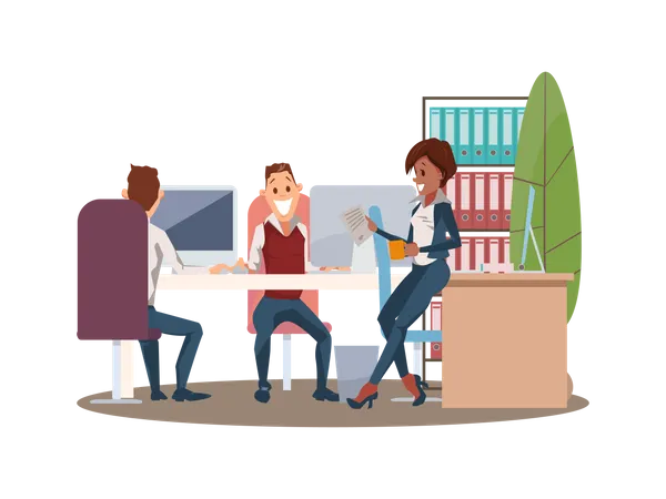 Team Work in Office Workplace  Illustration