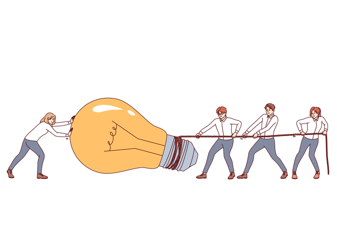 Team work on idea for business people pulling giant light bulb symbolizing new startup project  Illustration