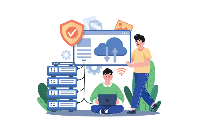 Team Worked On Cloud Hosting  Illustration