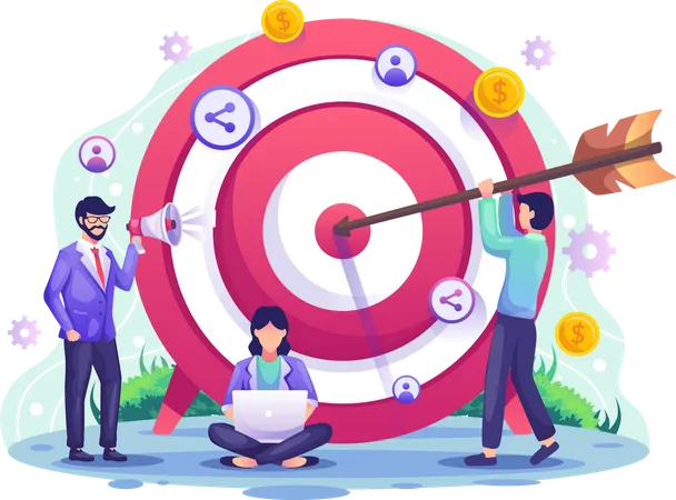 Business Target Concept Referral And Affiliate Partnership Program With People Put Darts On The Dartboard Target With An Arrow Hit The Target Flat Vector Illustration Illustration