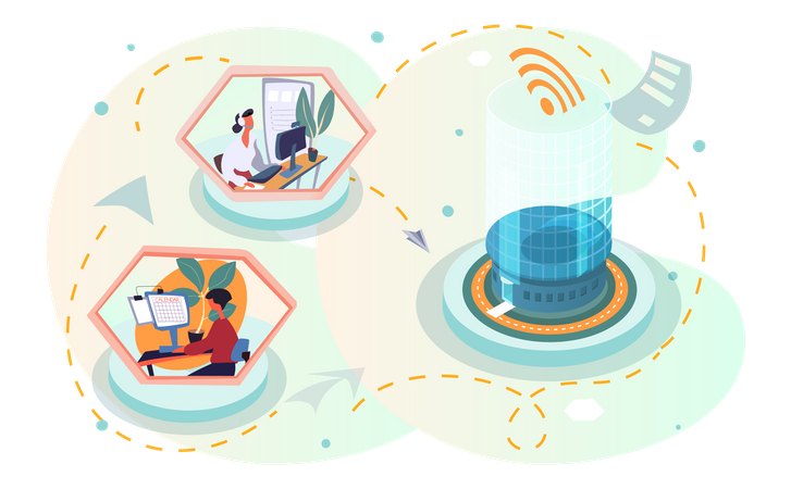 Team working from remote networks  일러스트레이션