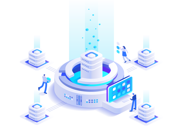 Team working in digital money mining farm  Illustration