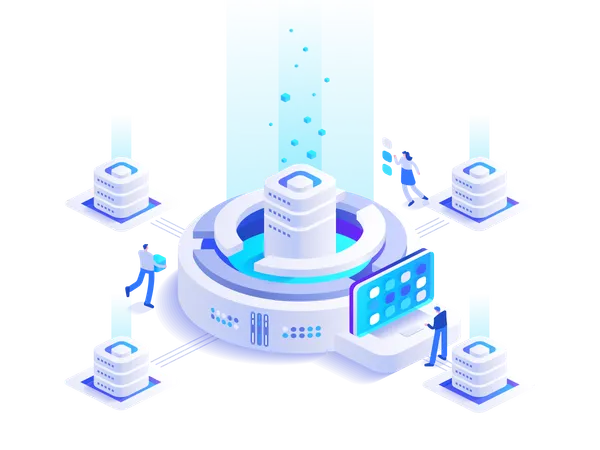 Team working in digital money mining farm  Illustration