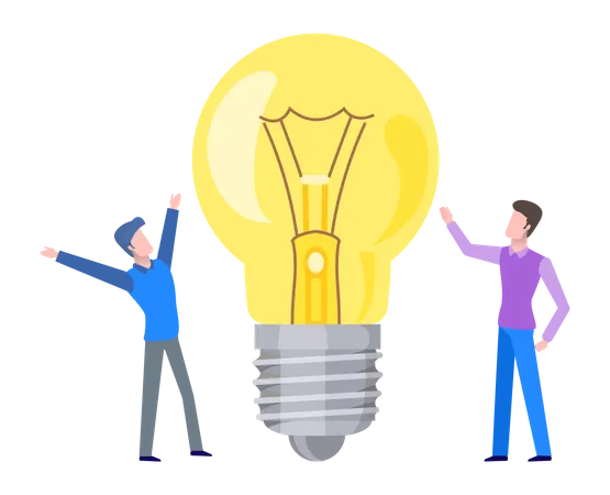 Work With Business Creative Plan Teamwork With Idea Of New Project Planning Startup Happy People Standing Near Light Bulb Isolated On White Background Light Bulb As Symbol Of Creative Idea Illustration