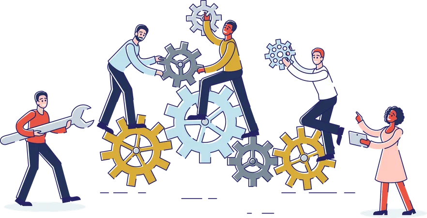 Teamwork And Brainstorm Concept Male And Female Characters Work In Team With Team Leader Metaphor Of Comparing People Work With Cogwheel Mechanism Cartoon Linear Outline Flat Vector Illustration Illustration