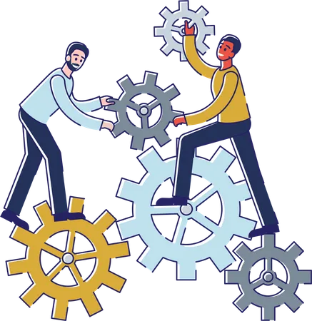 Concept Of Teamwork Working Routine Process And Brainstorm Male Characters Work In Team Metaphor Of Comparing People Work With Cogwheel Mechanism Cartoon Linear Outline Flat Vector Illustration Illustration