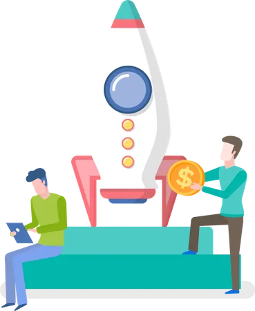 Rocket And Money Man Holding Coin Growth Symbol And Currency Income And Profit Spaceship Object And Finance Technology Earning Device Vector Illustration