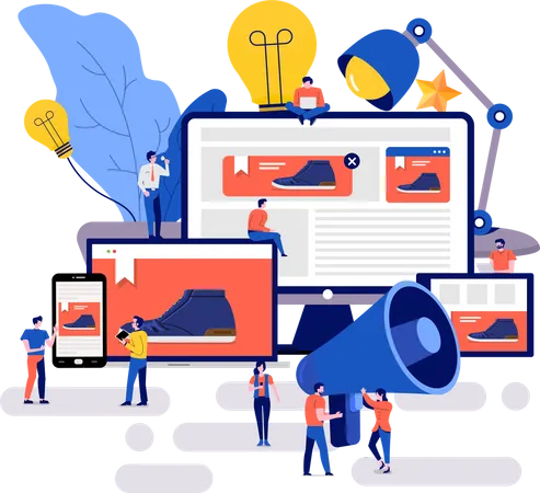 Group Of Businessmen Working Together To Build A Marketing Plan By Advertising With A Big Megaphone Illustration