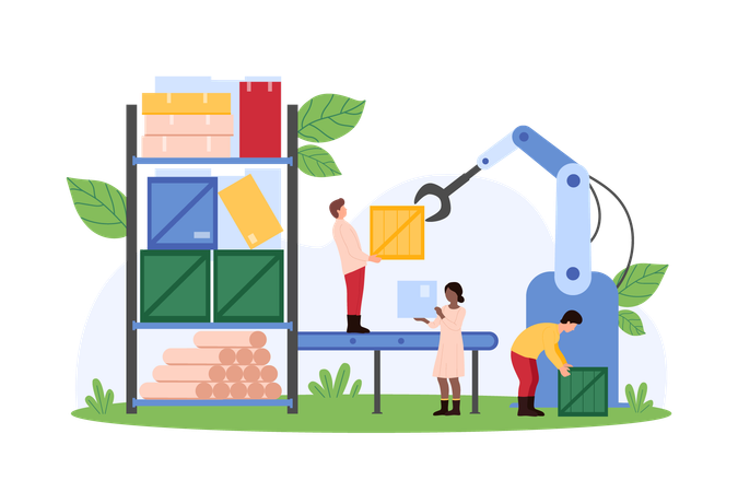 Team working on Manufacturing process with automated machines in factory  Illustration
