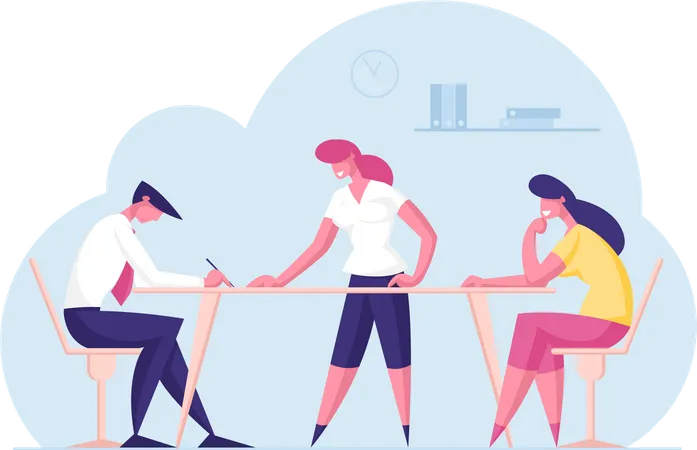 Teamwork Concept Office Businesspeople Employees Work In Company Female Colleague Help Characters Business Team Sitting At Office Desk Writing Working In Studio Cartoon People Vector Illustration Illustration