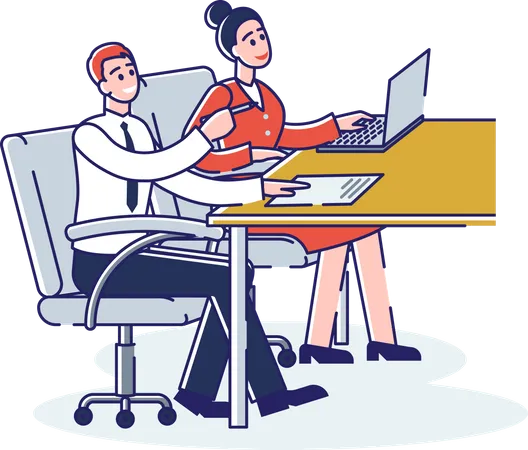 Concept Of Education Happy Young Man And Woman Students Sitting At School Desk And Listening To The Teacher People Use Laptop And Notebook For Notes Cartoon Linear Outline Flat Vector Illustration Illustration