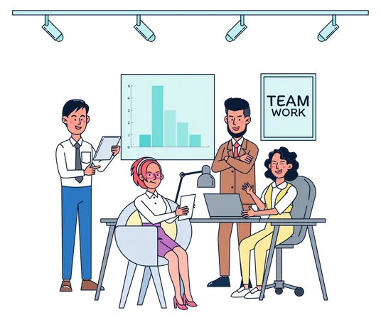 Business Staff Talking And Working At The Computers Meeting Room Flat Illustration Vector Design Illustration