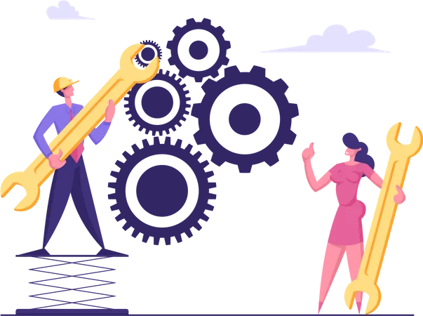 Working Routine Process And Teamwork Concept Male And Female Business Characters Moving Huge Gear Mechanism Using Wrenches Man And Woman Managing Cogwheel Process Cartoon Flat Vector Illustration Illustration