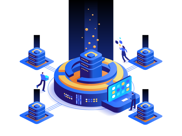 Team works at digital money mining farm  Illustration