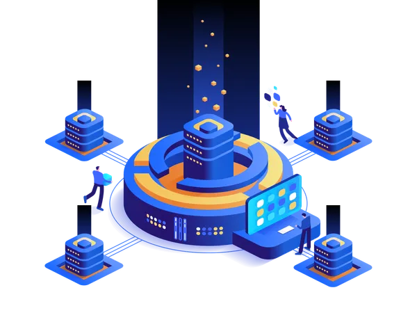 Team works at digital money mining farm  Illustration