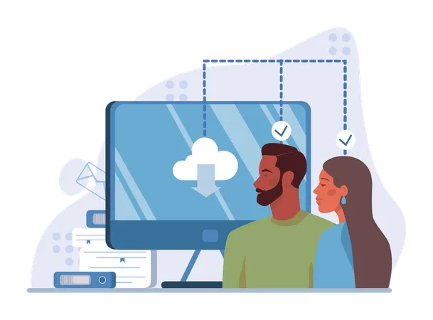 Team works on cloud network  Illustration