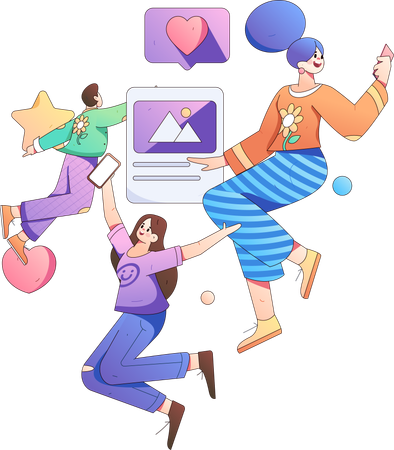 Team works on social media platform  일러스트레이션