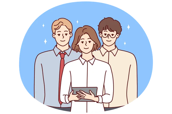 タブレットを持った女性とビジネス服を着た男性2人からなる若手プロフェッショナルチーム  イラスト