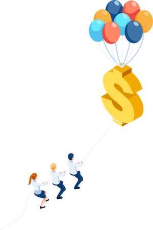 Team zieht schwebendes Dollarzeichen mit Ballon  Illustration