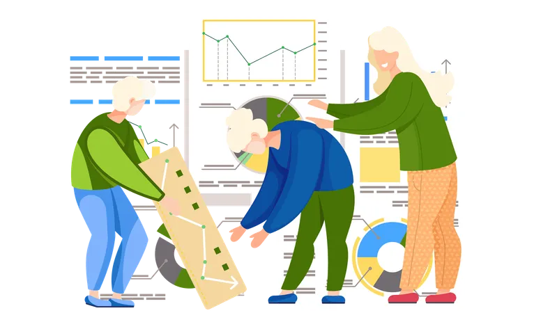 Teamwork-Zusammenarbeit zur Analyse von Diagrammberichten, Mitarbeiter, Finanzberatung in der Nähe der Präsentation  Illustration