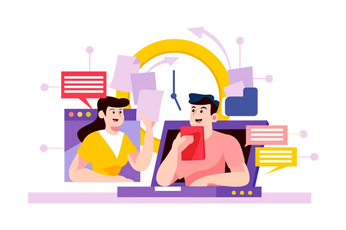 Teammates use online meeting to discuss and transfer the files Illustration