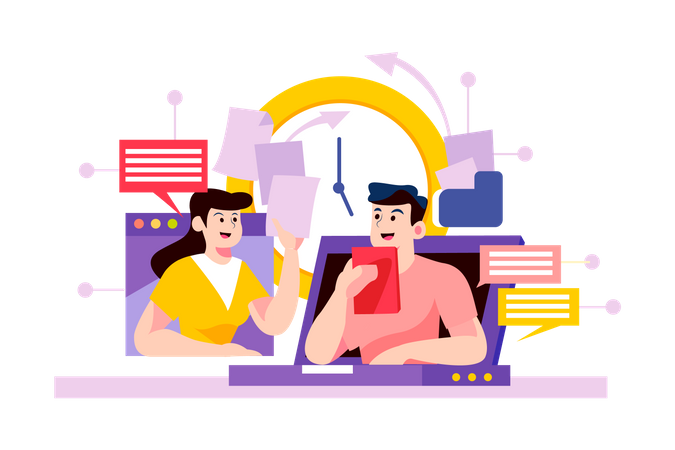 Teammates use online meeting to discuss and transfer the files  Illustration