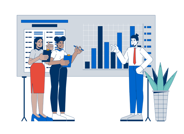 Verschiedene Teammitglieder diskutieren Unternehmensdiagramme  Illustration