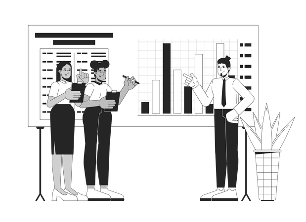 Verschiedene Teammitglieder diskutieren Unternehmensdiagramme  Illustration