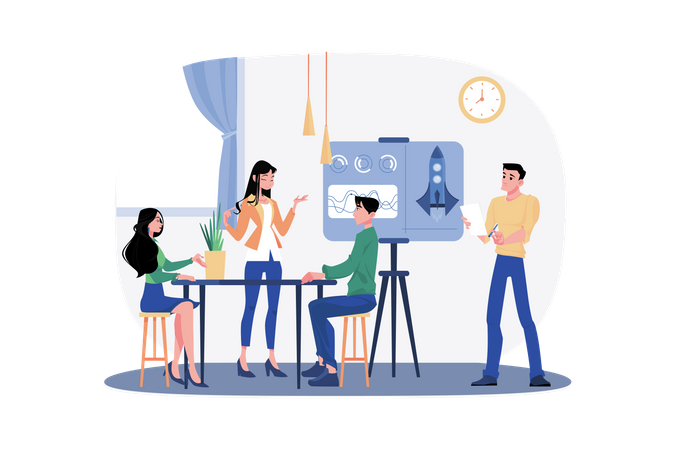 Teambesprechung eines Startup-Unternehmens in einem Büro  Illustration