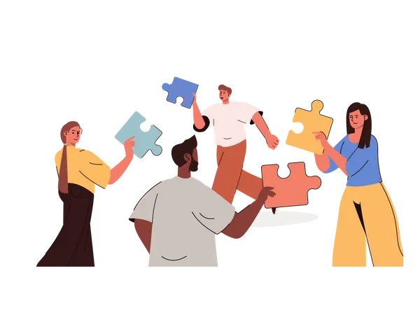 Teamwork Web Concept Colleagues With Puzzles Collaborate And Develop Business Scene Banner Template With Flat Line Characters Design Vector Illustration For Social Media Promotional Materials Illustration