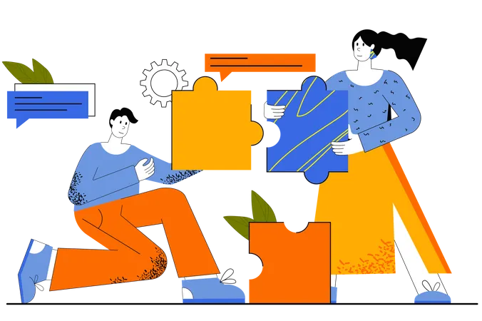 Collaboration And Teamwork Web Concept Colleagues Work Together Man And Woman Holding Puzzles Metaphor Of Community Success Business Vector Illustration For Web Page Template In Flat Line Design Illustration