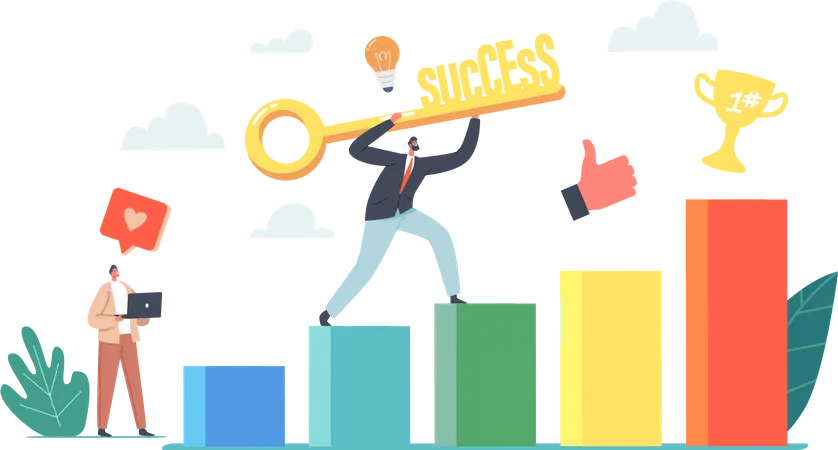 Teamwork Key To Success Unlock Business Solution Concept Characters Teamwork Businessman Or Entrepreneur With Golden Key Climbing Up Column Chart To Win Trophy Cartoon People Vector Illustration Illustration