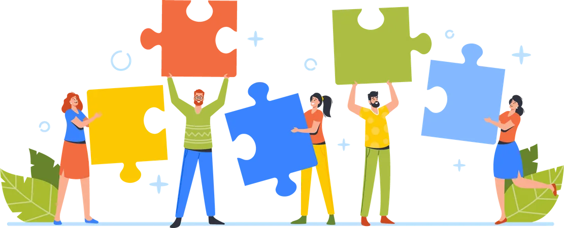 Businesspeople Team Coworking Teamwork Cooperation Collective Work Partnership Concept Office People Work Together Setting Up Huge Colorful Separated Puzzle Pieces Cartoon Vector Illustration Illustration