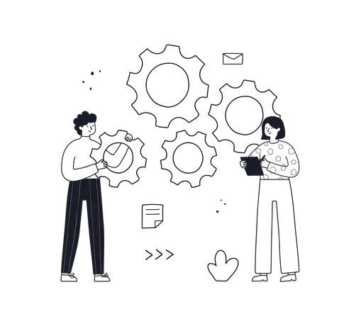 Teamwork Concept Businessman And Businesswoman Launch A Mechanism Connect Gears Doodle Sketch Style Hand Drawn Line Vector Illustration Illustration