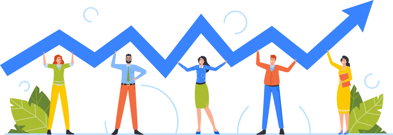 Business Team Characters Holding Up Zig Zag Arrow Symbol Teamwork Financial Success Or Crisis Investment Concept Career Growth Cooperation Partnership Cartoon People Vector Illustration Illustration