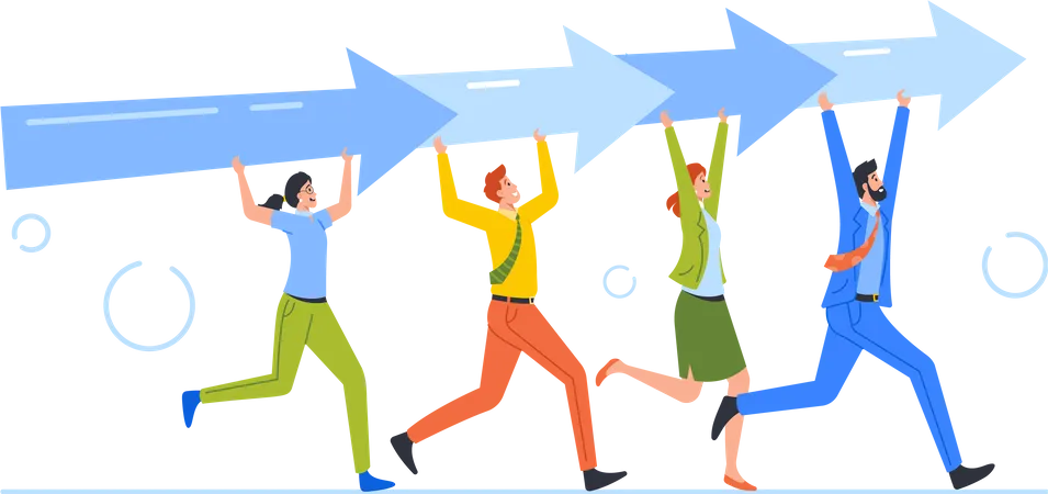 Business Men And Women Teamwork People Carry Huge Arrow Team Moves To Success And Improvement Sharing Same Business Goal And Direction Support And Career Partnership Cartoon Vector Illustration Illustration