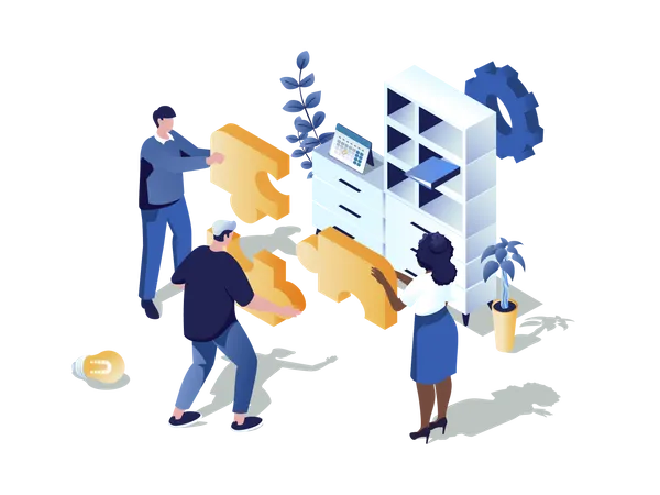 Teamwork In Office Concept 3 D Isometric Web Scene People Working Together And Collecting Puzzle Doing Job Tasks Collaborate And Support Each Other Vector Illustration In Isometry Graphic Design Illustration