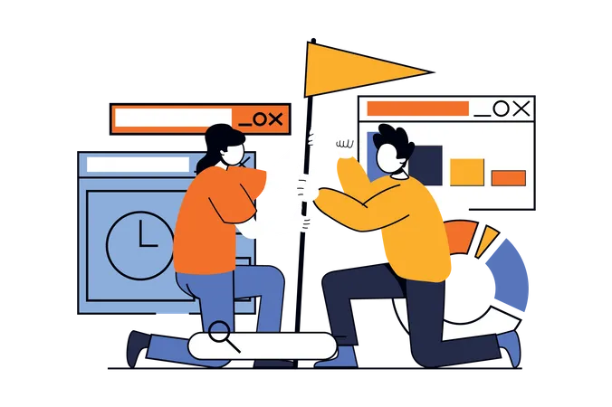 Teamwork Concept With People Scene In Flat Design For Web Man And Woman Set Flag Together Working In Cooperation Achieving Goals Vector Illustration For Social Media Banner Marketing Material Illustration