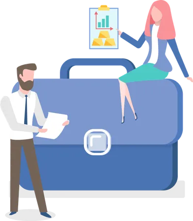 Man And Woman Holding Financial Report Billions And Growth Arrows Handbag Accessory Workers Characters Teamwork And Investment Success Vector Illustration
