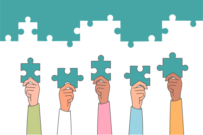 Teamwork business people holding puzzles in hands  Illustration