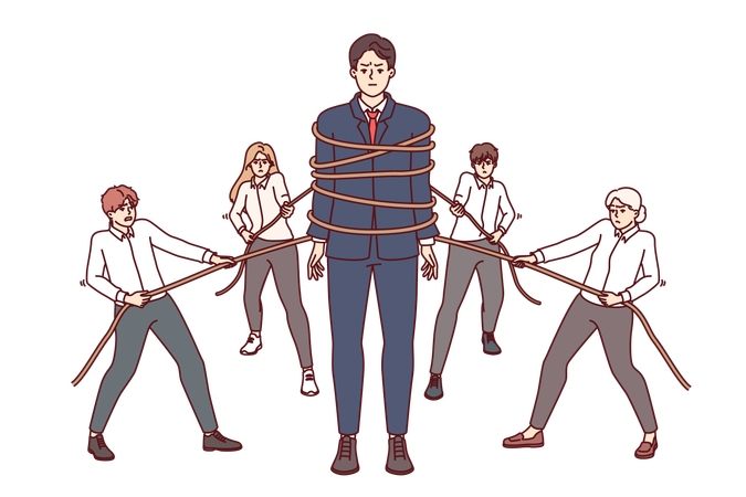 Teamwork business people with ropes together creating strong colleague to solve corporate problems  Illustration