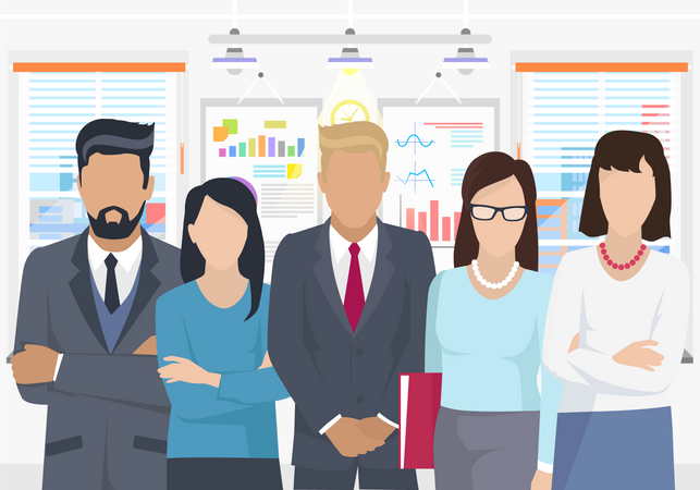 Teamwork businesswomen and businessmen in the office  Illustration
