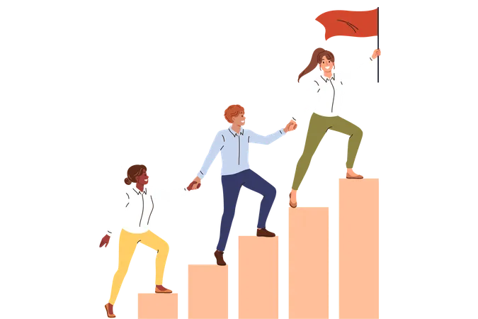 Teamwork Company Employees Climbing Up On Schedule To Hoist Flag To Top And Achieve Superiority Over Competitors Woman Leader Organizes Teamwork With Colleagues To Get Outstanding Results In Business Illustration