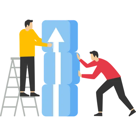 Concept Of Teamwork In Business The Business Team Put Up Blocks With An Up Arrow Symbol Business Growth Concept And Working Environment Helping Each Other For Success Illustration